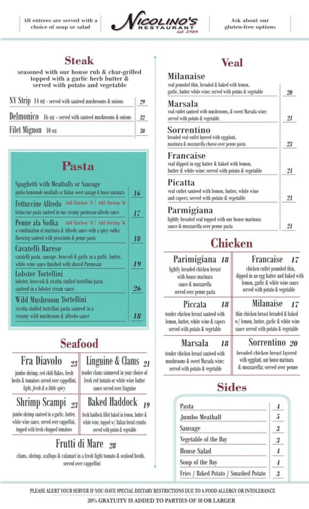 Menu Nicolino's Restaurant